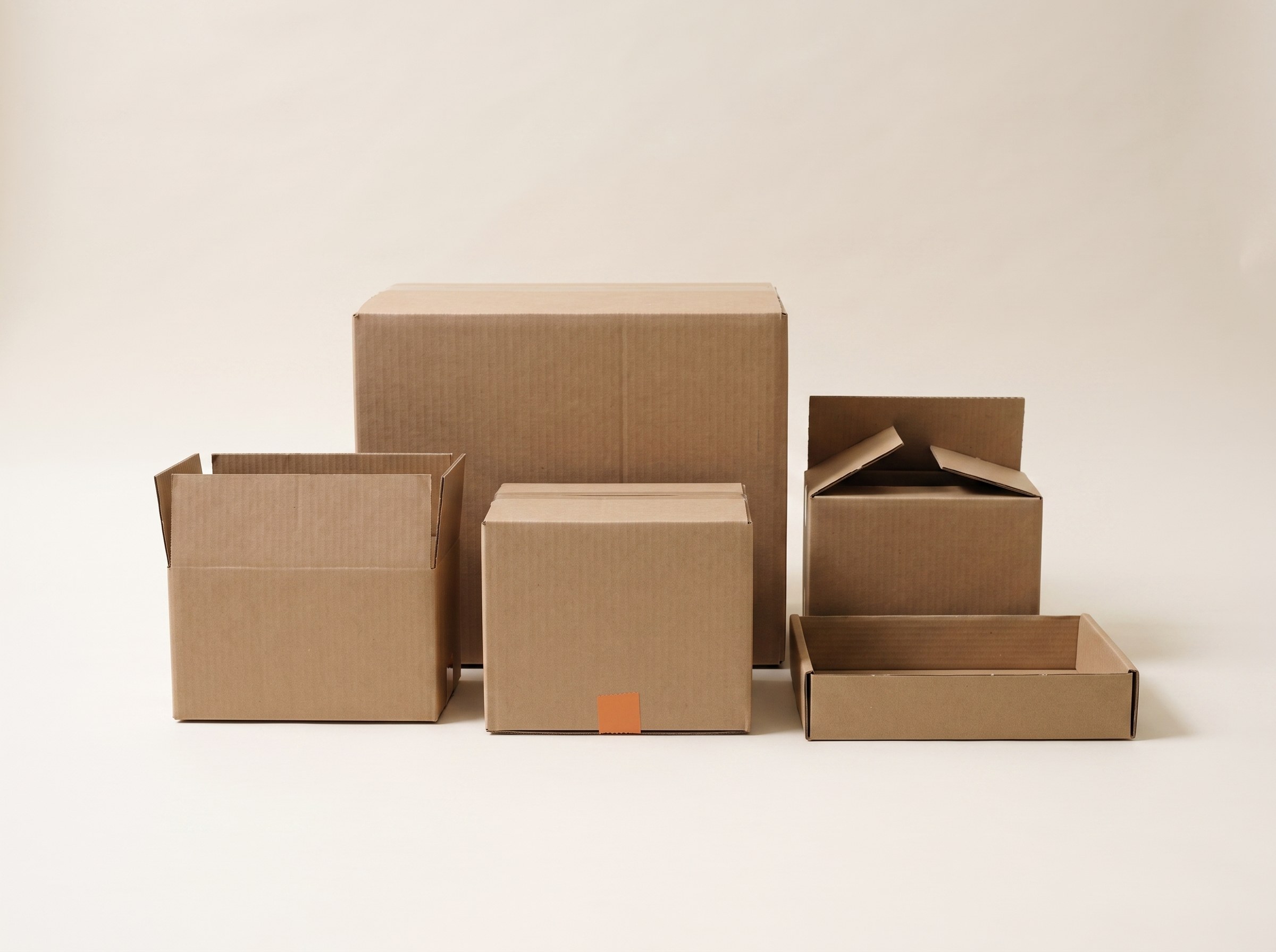 Variedad de cajas de cartón corrugado BUGA PAPER sobre fondo neutro