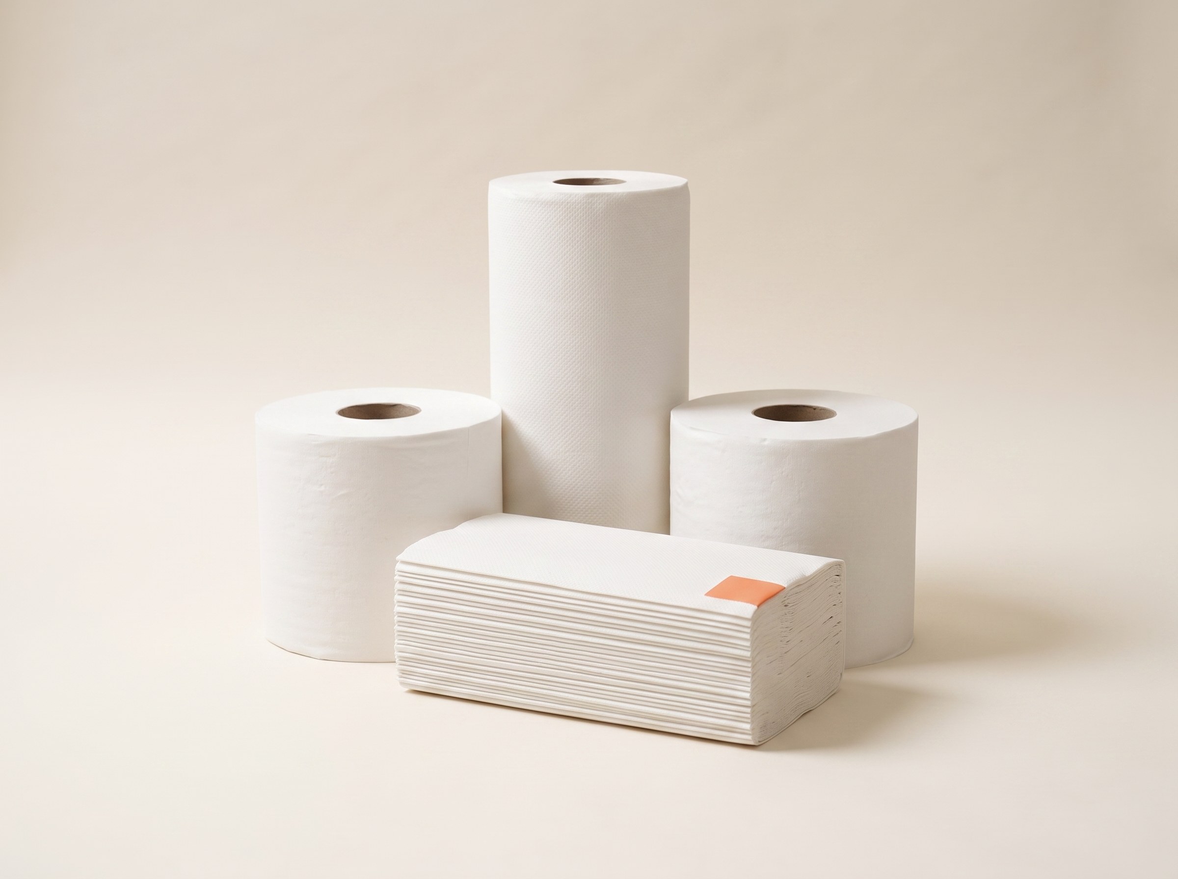 Rollos de papel higiénico jumbo y toallas BUGA PAPER sobre fondo claro