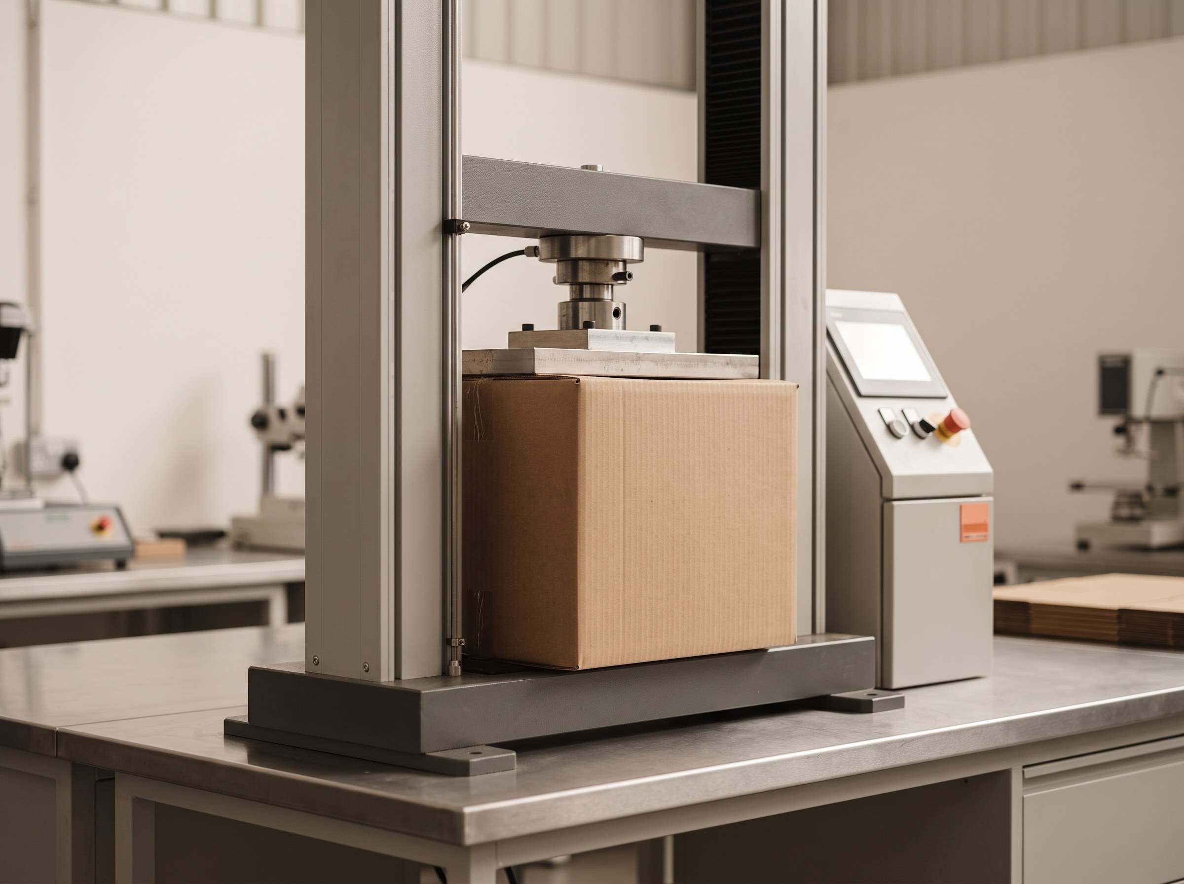 Laboratorio de BUGA PAPER midiendo la resistencia de una caja de cartón
